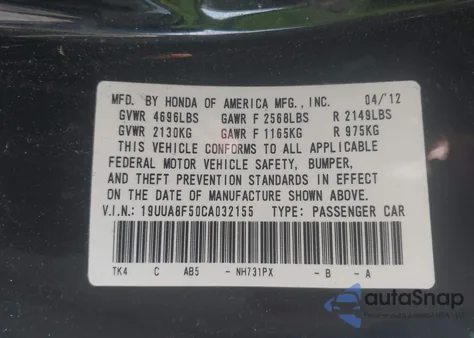 2012 Acura Tl 3.5 z USA, uszkodzony, nr VIN 19UUA8F50CA032155